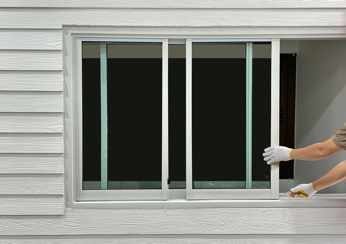 Construction worker repairing a sliding window on wood siding